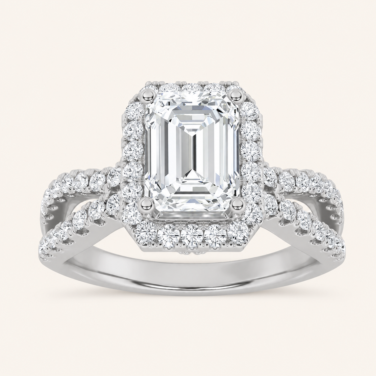2CT Emerald Cut Lab Grown Diamond Split Shank Halo Accented Engagement Ring