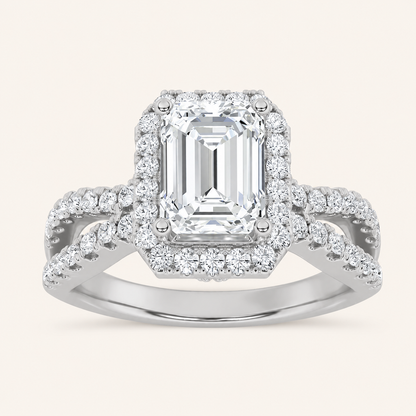 2CT Emerald Cut Lab Grown Diamond Split Shank Halo Accented Engagement Ring