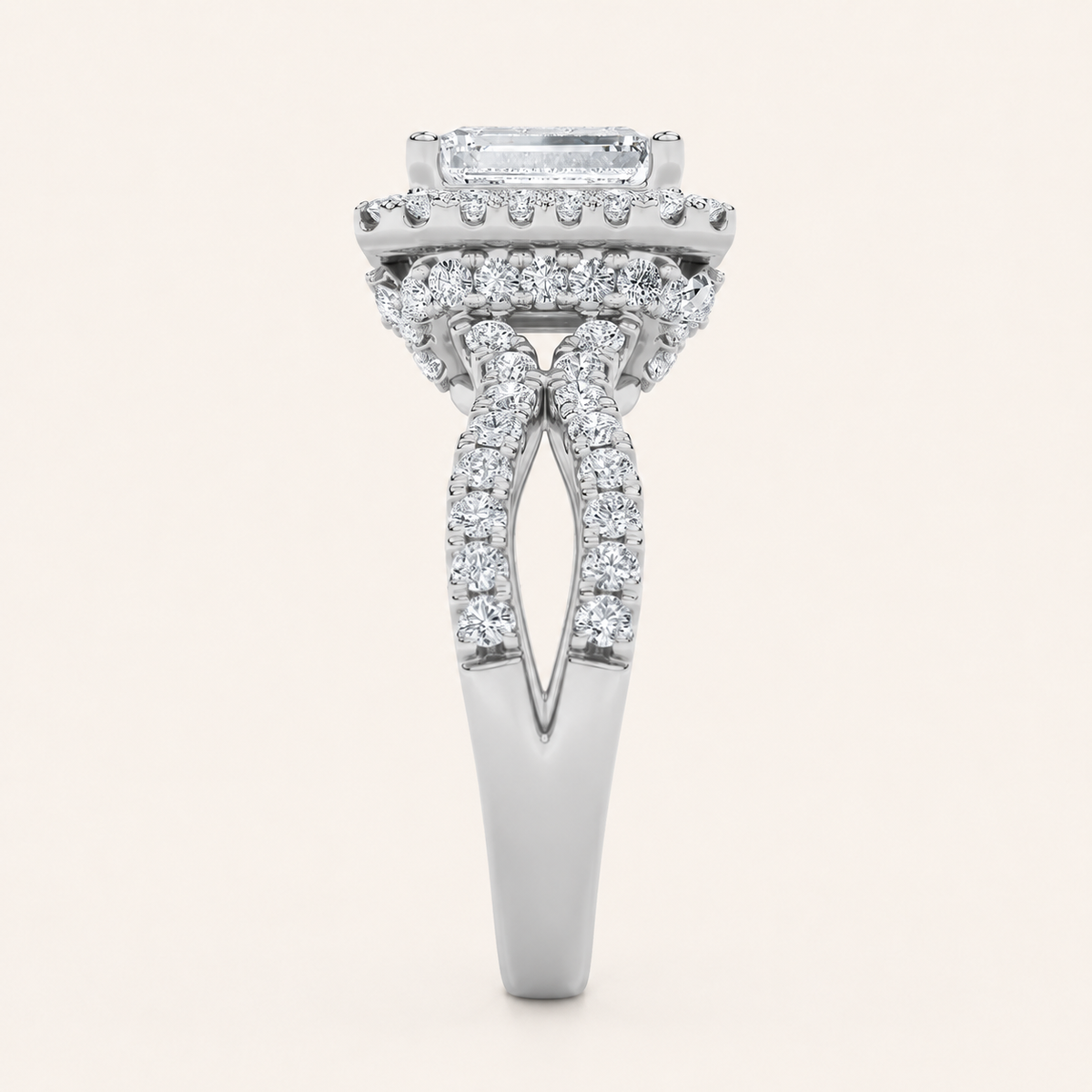 2CT Emerald Cut Lab Grown Diamond Split Shank Halo Accented Engagement Ring