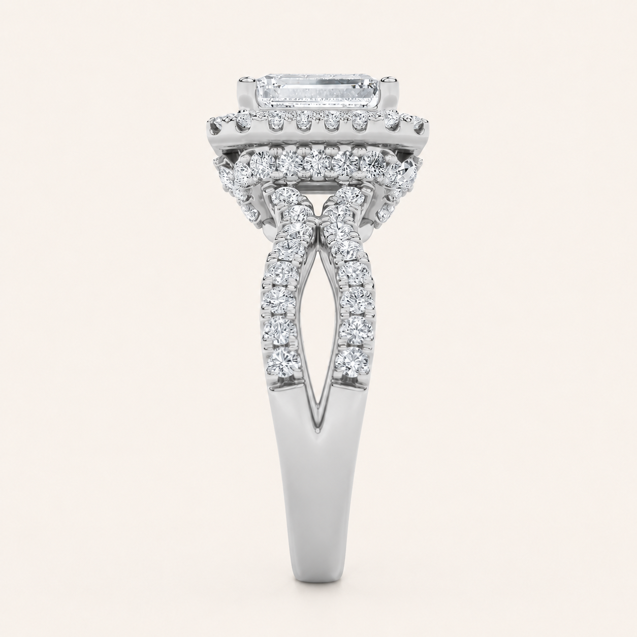 2CT Emerald Cut Lab Grown Diamond Split Shank Halo Accented Engagement Ring