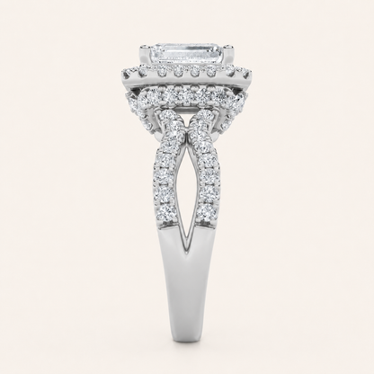 2CT Emerald Cut Lab Grown Diamond Split Shank Halo Accented Engagement Ring