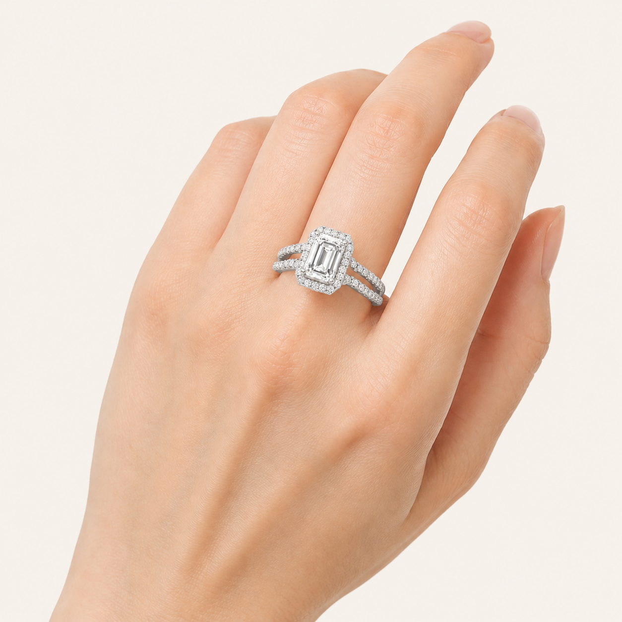 2CT Emerald Cut Lab Grown Diamond Split Shank Halo Accented Engagement Ring