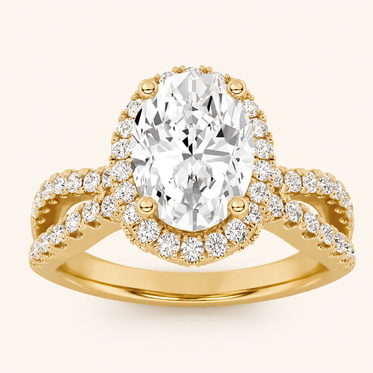 2CT Oval Cut Lab Grown Diamond Split Shank Halo Accented Engagement Ring