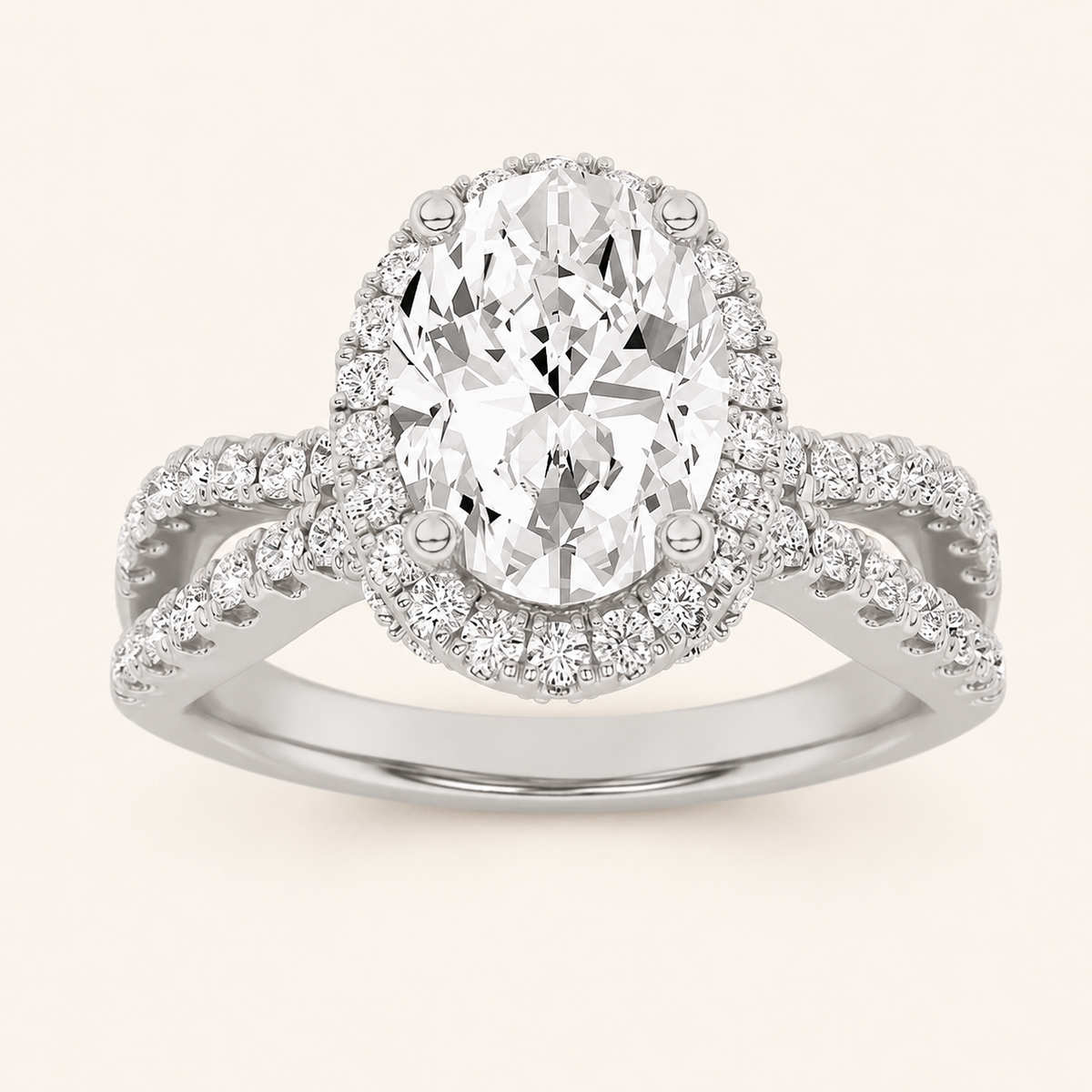 2CT Oval Cut Lab Grown Diamond Split Shank Halo Accented Engagement Ring