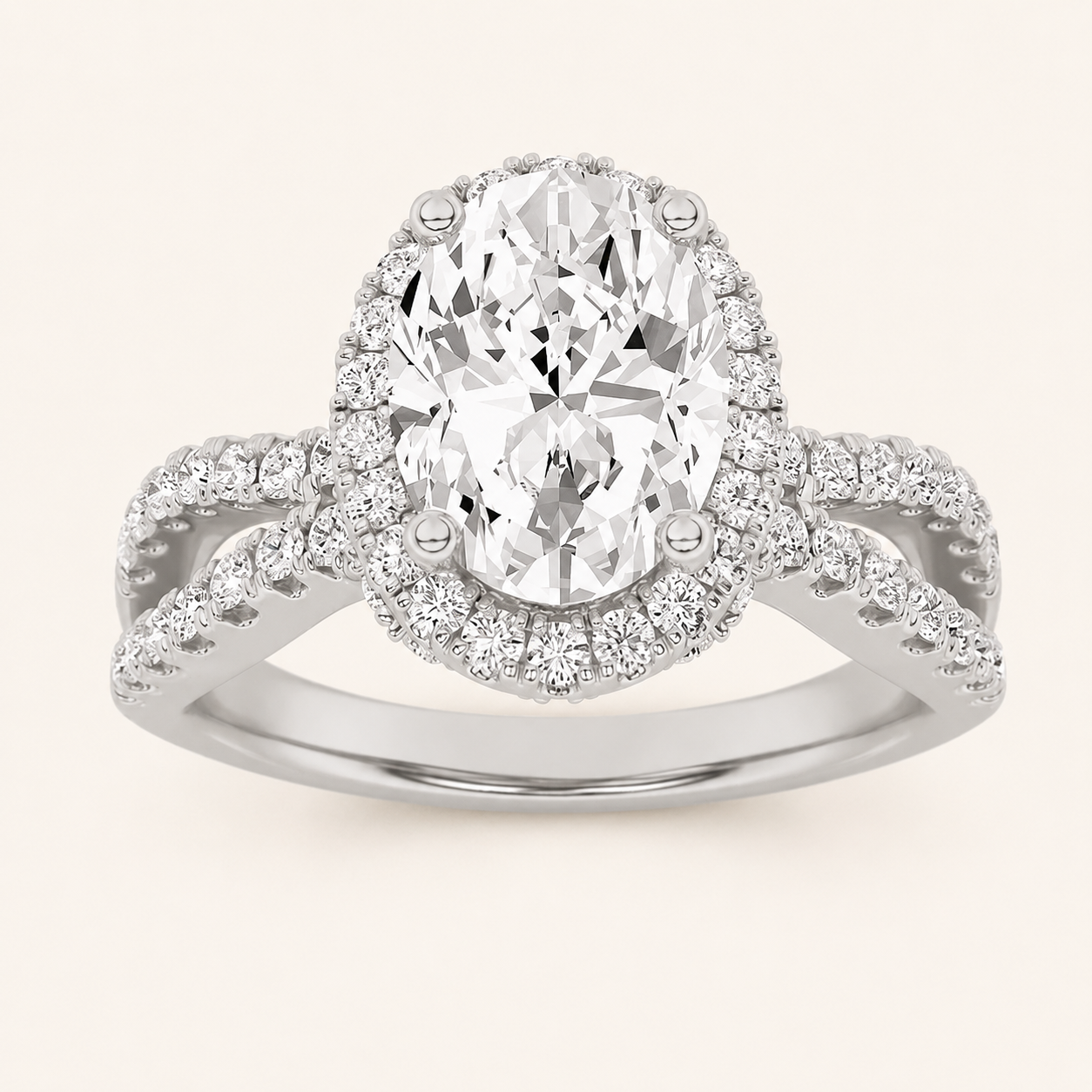 2CT Oval Cut Lab Grown Diamond Split Shank Halo Accented Engagement Ring