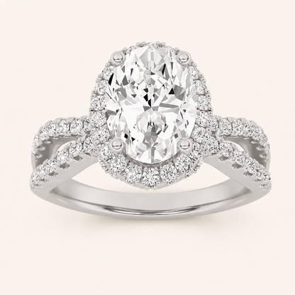 2CT Oval Cut Lab Grown Diamond Split Shank Halo Accented Engagement Ring