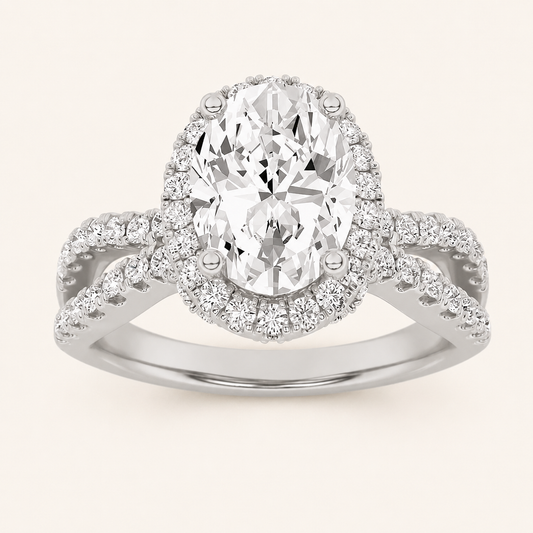 2CT Oval Cut Lab Grown Diamond Split Shank Halo Accented Engagement Ring