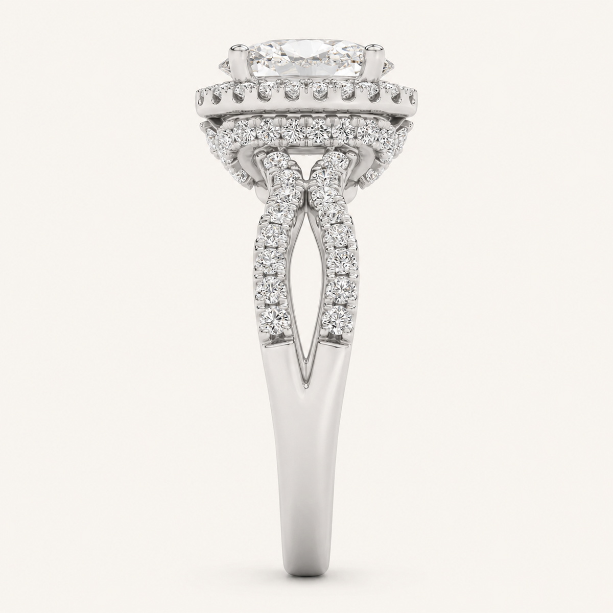 2CT Oval Cut Lab Grown Diamond Split Shank Halo Accented Engagement Ring