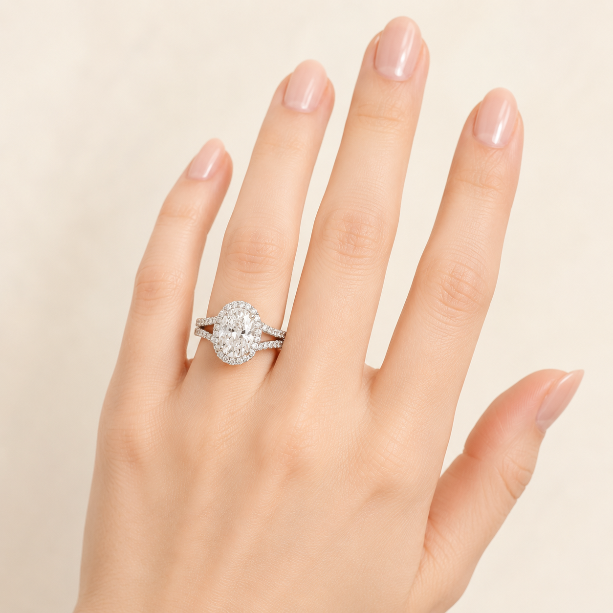 2CT Oval Cut Lab Grown Diamond Split Shank Halo Accented Engagement Ring