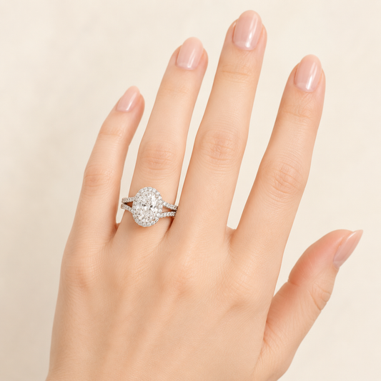 2CT Oval Cut Lab Grown Diamond Split Shank Halo Accented Engagement Ring