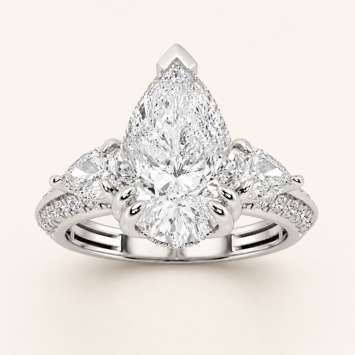 3.50 CT Pear Cut Lab Grown Diamond Three Stone Side Stone Ring