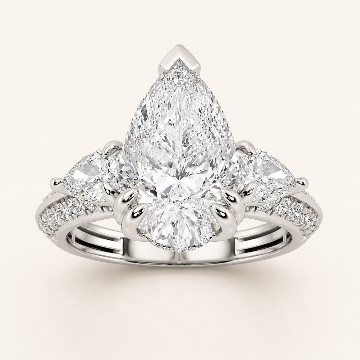 3.50 CT Pear Cut Lab Grown Diamond Three Stone Side Stone Ring