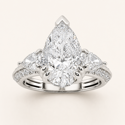 3.50 CT Pear Cut Lab Grown Diamond Three Stone Side Stone Ring