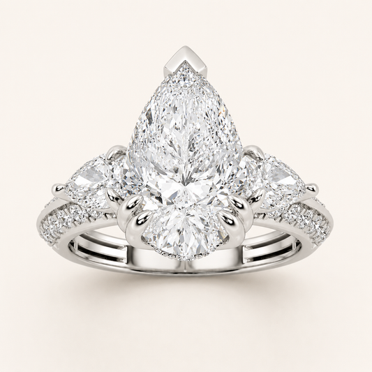 3.50 CT Pear Cut Lab Grown Diamond Three Stone Accented Engagement Ring