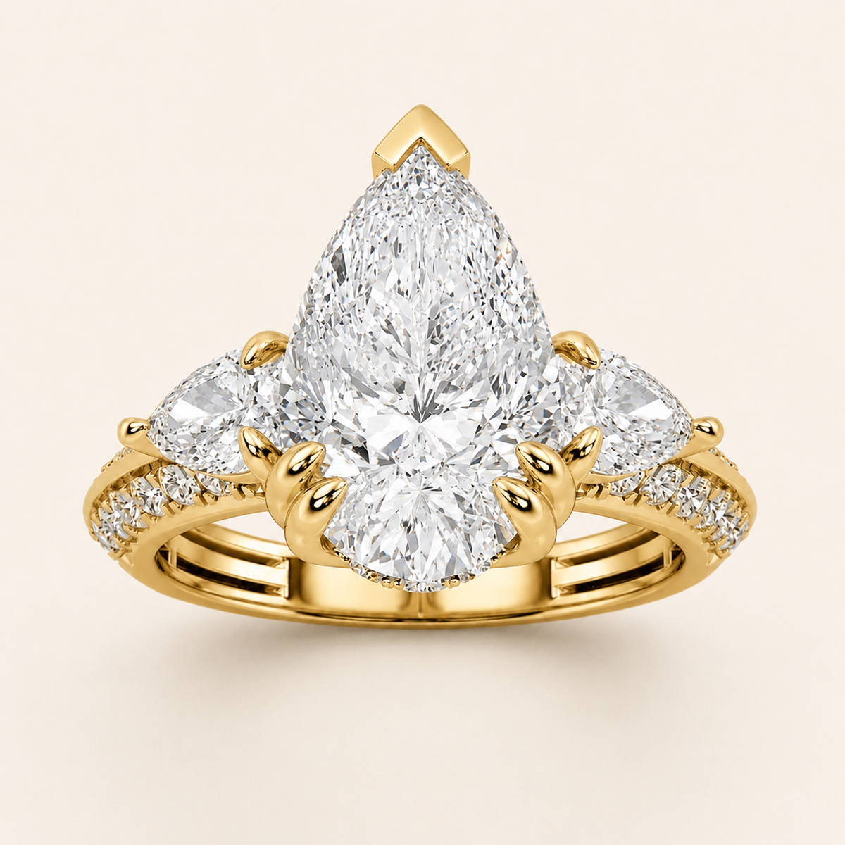 3.50 CT Pear Cut Lab Grown Diamond Three Stone Side Stone Ring