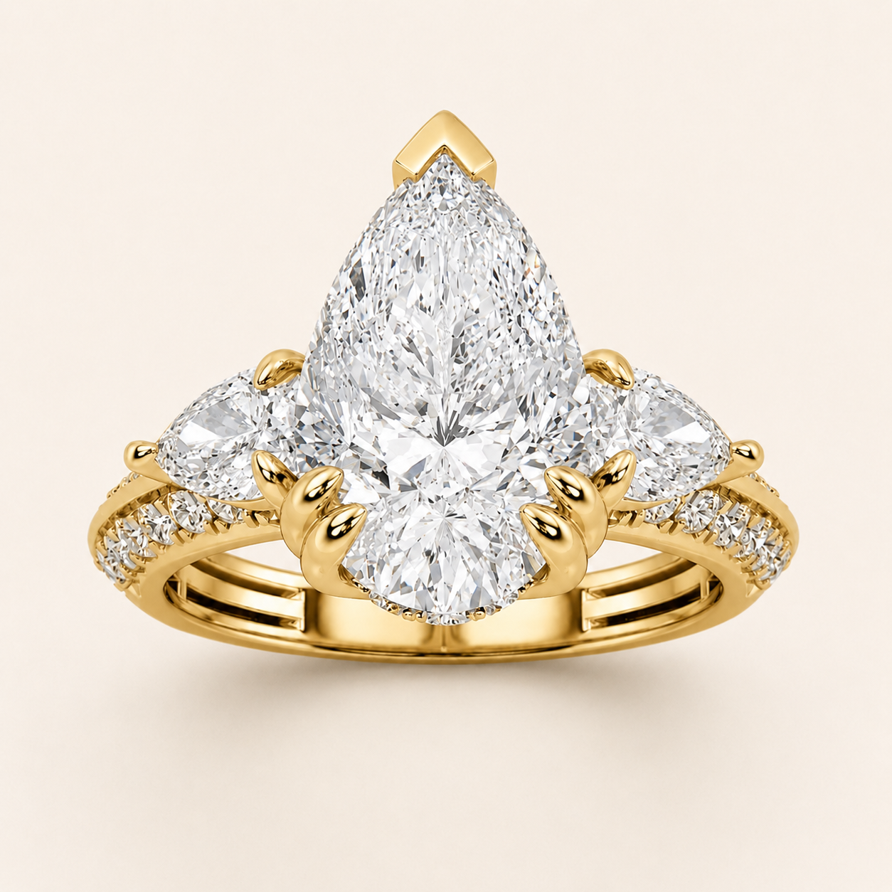 3.50 CT Pear Cut Lab Grown Diamond Three Stone Side Stone Ring
