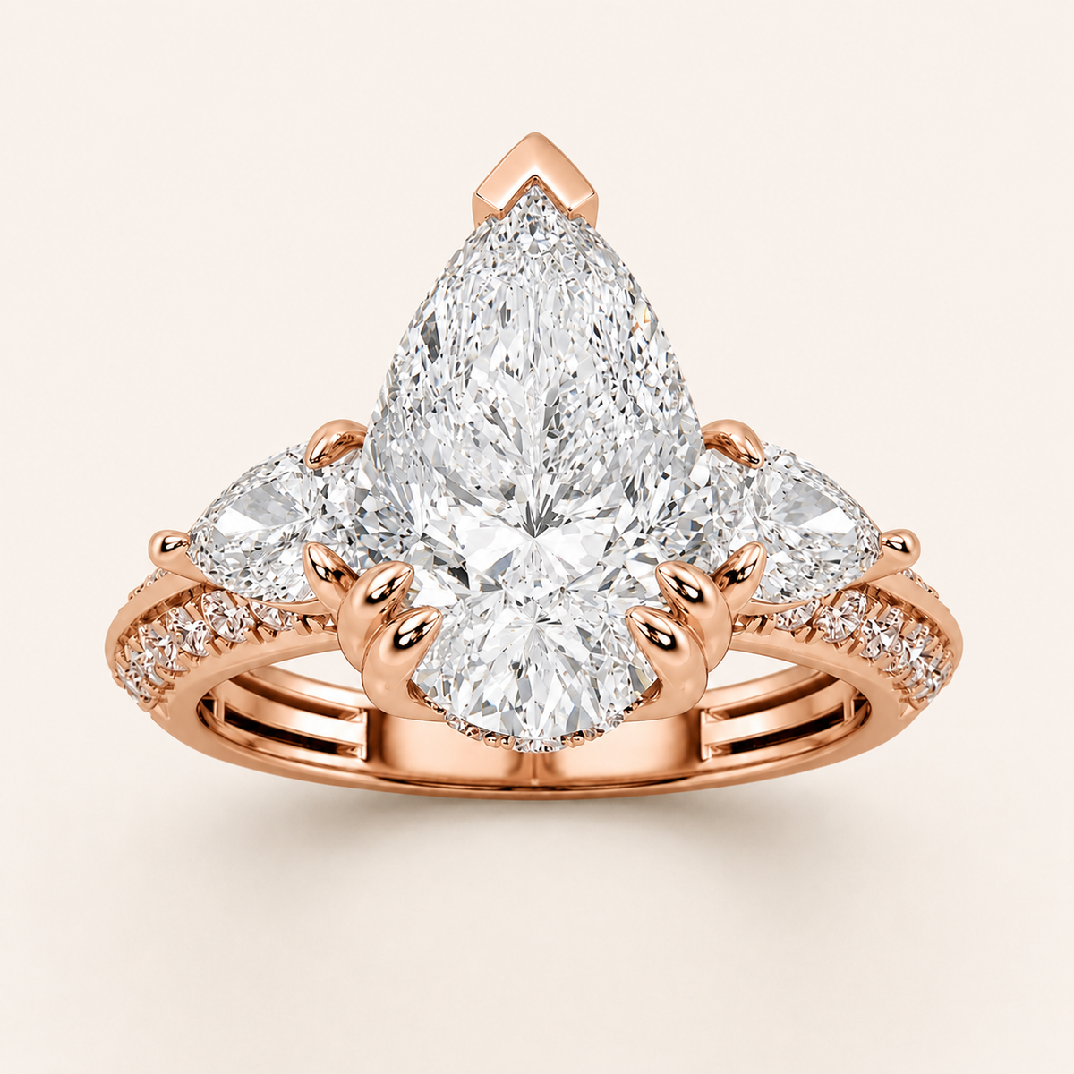 3.50 CT Pear Cut Lab Grown Diamond Three Stone Side Stone Ring