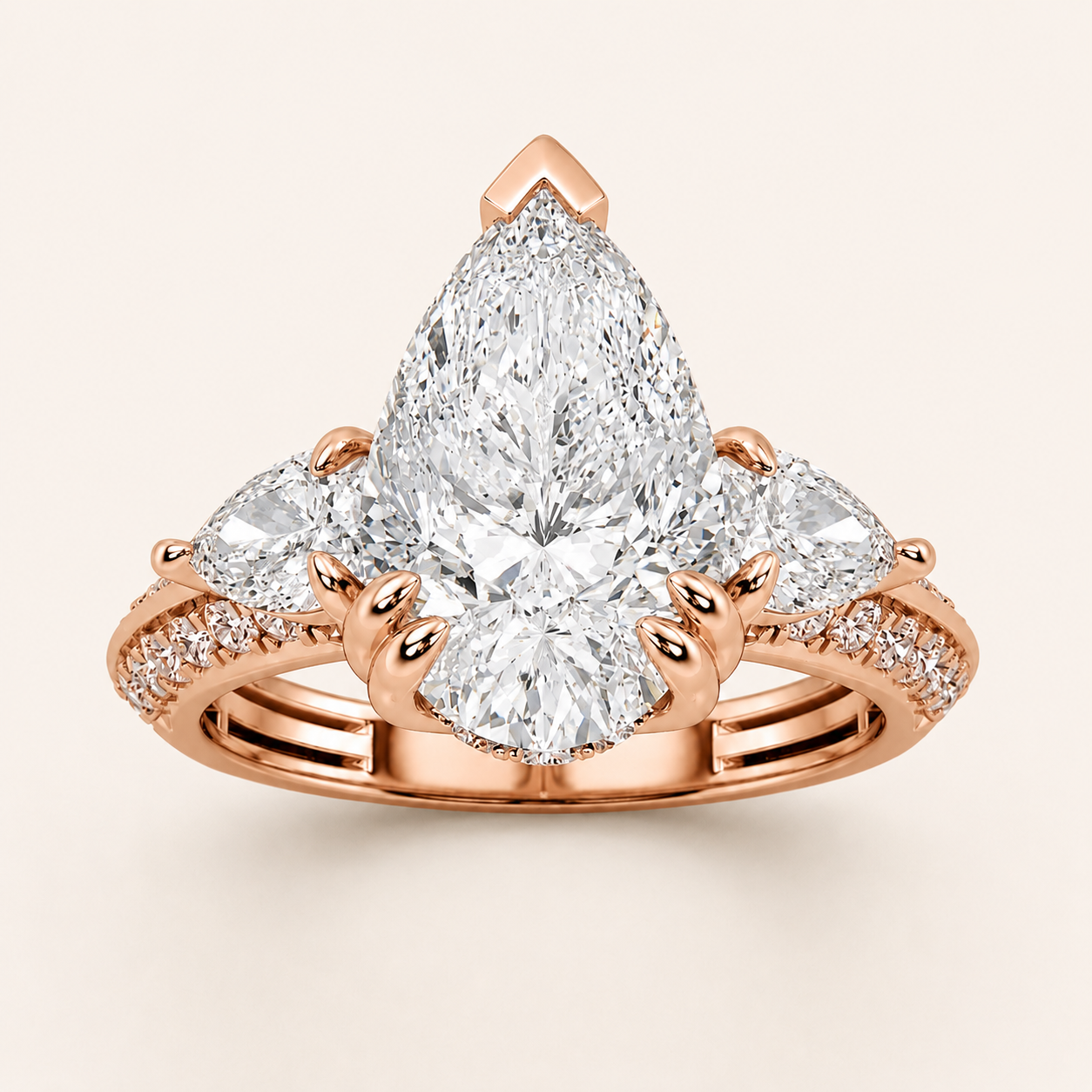3.50 CT Pear Cut Lab Grown Diamond Three Stone Side Stone Ring