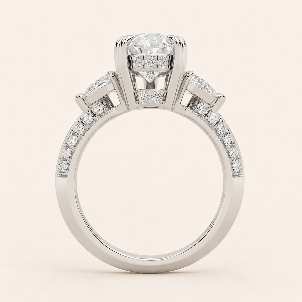 3.50 CT Pear Cut Lab Grown Diamond Three Stone Side Stone Ring