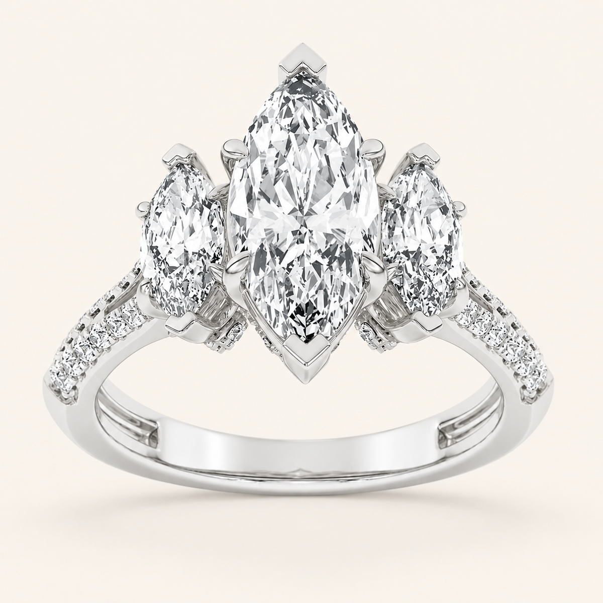 4.00 CT Marquise Cut Lab Grown Diamond Three Stone Accented Engagement Ring