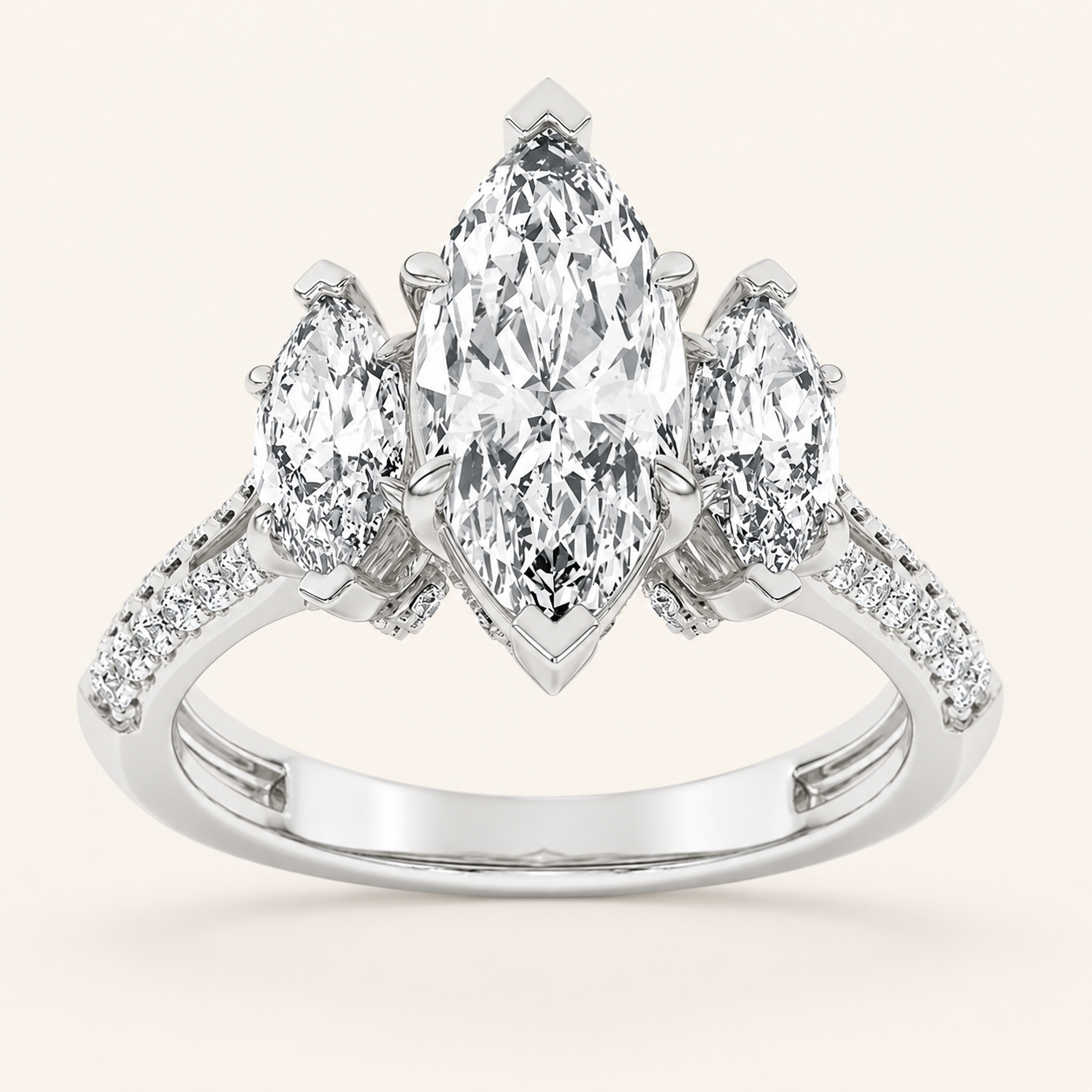 4.00 CT Marquise Cut Lab Grown Diamond Three Stone Accented Engagement Ring
