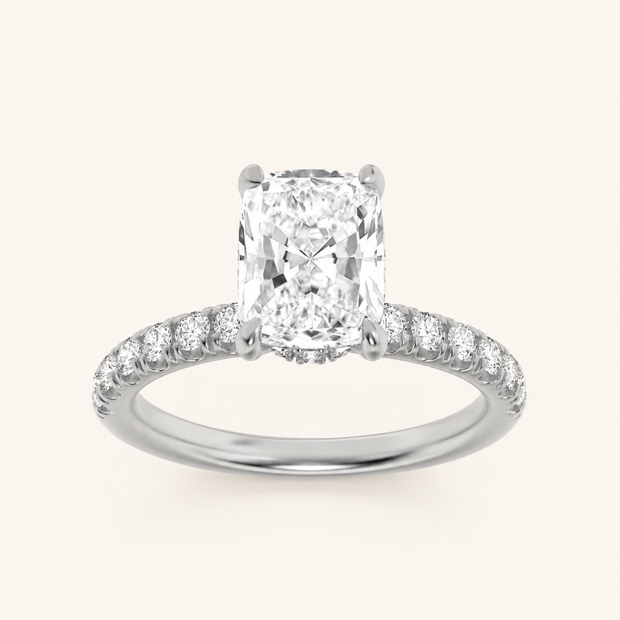 2CT Elongated Cushion Cut Lab Grown Diamond Side Stone Ring