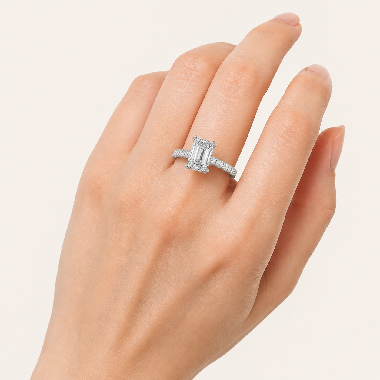 3.00 CT Emerald Cut Lab Grown Diamond Triple Row Accented Engagement Ring