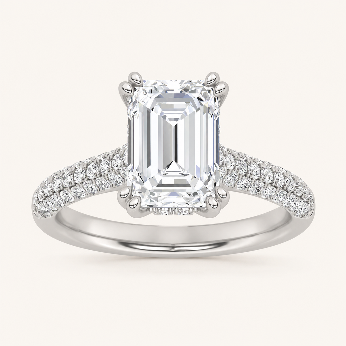 3.00 CT Emerald Cut Lab Grown Diamond Triple Row Accented Engagement Ring