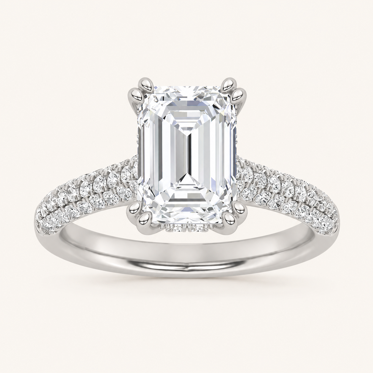 3.00 CT Emerald Cut Lab Grown Diamond Triple Row Accented Engagement Ring