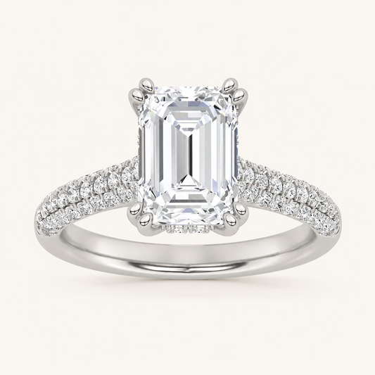 3.00 CT Emerald Cut Lab Grown Diamond Triple Row Accented Engagement Ring