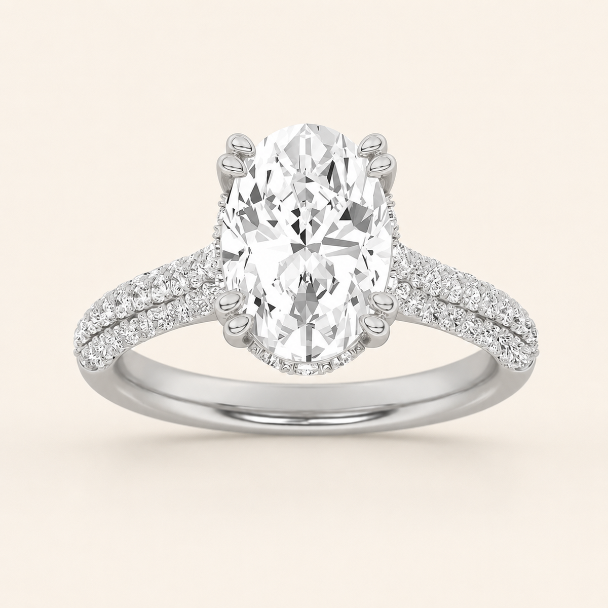 3.00 CT Oval Cut Lab Grown Diamond Triple Row Accented Engagement Ring