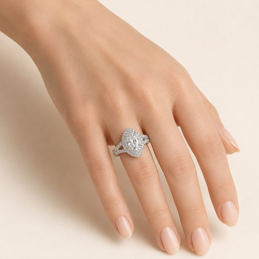 3.00 CT Marquise Cut Lab Grown Diamond Three Row Accented Halo Engagement Ring