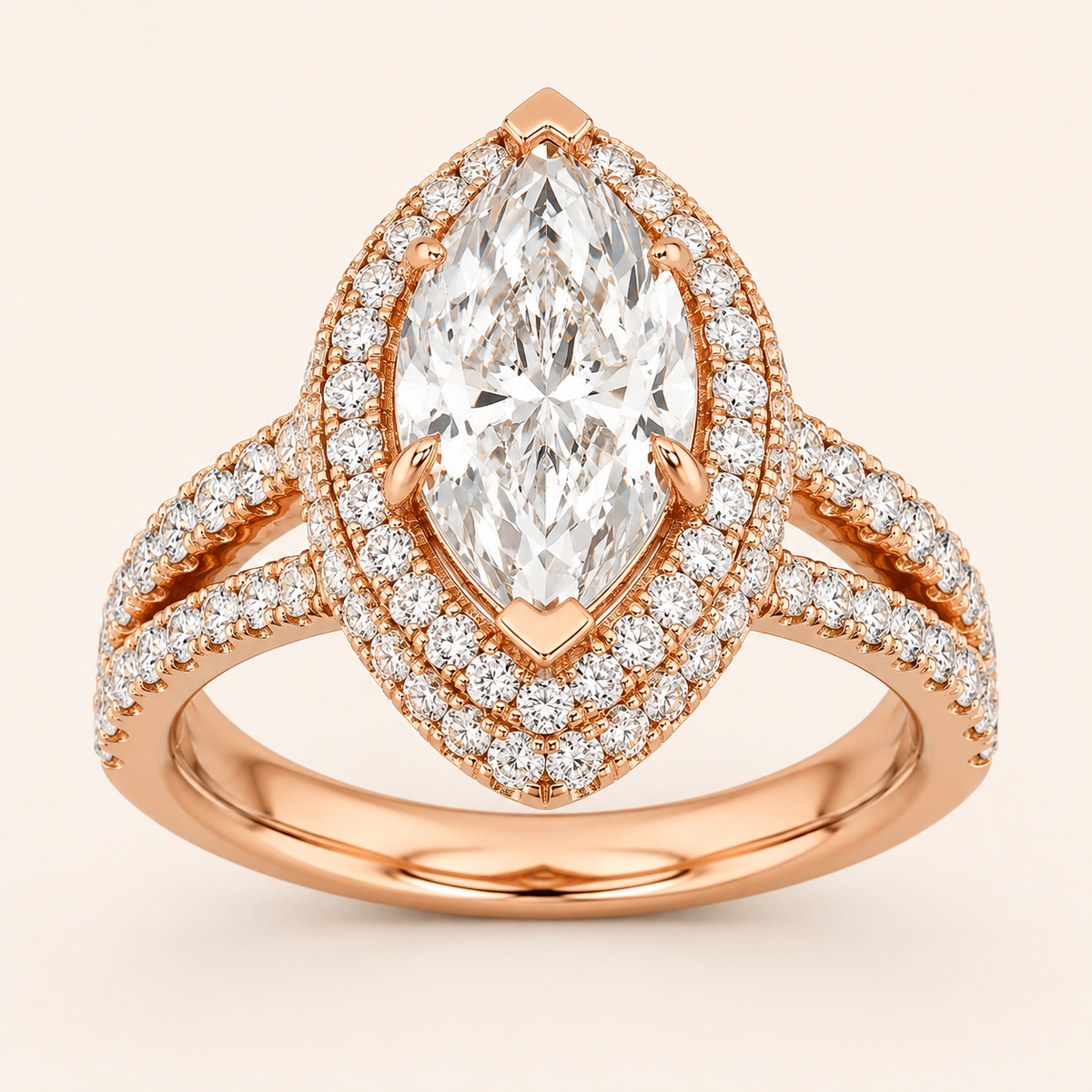 3.00 CT Marquise Cut Lab Grown Diamond Three Row Accented Halo Engagement Ring