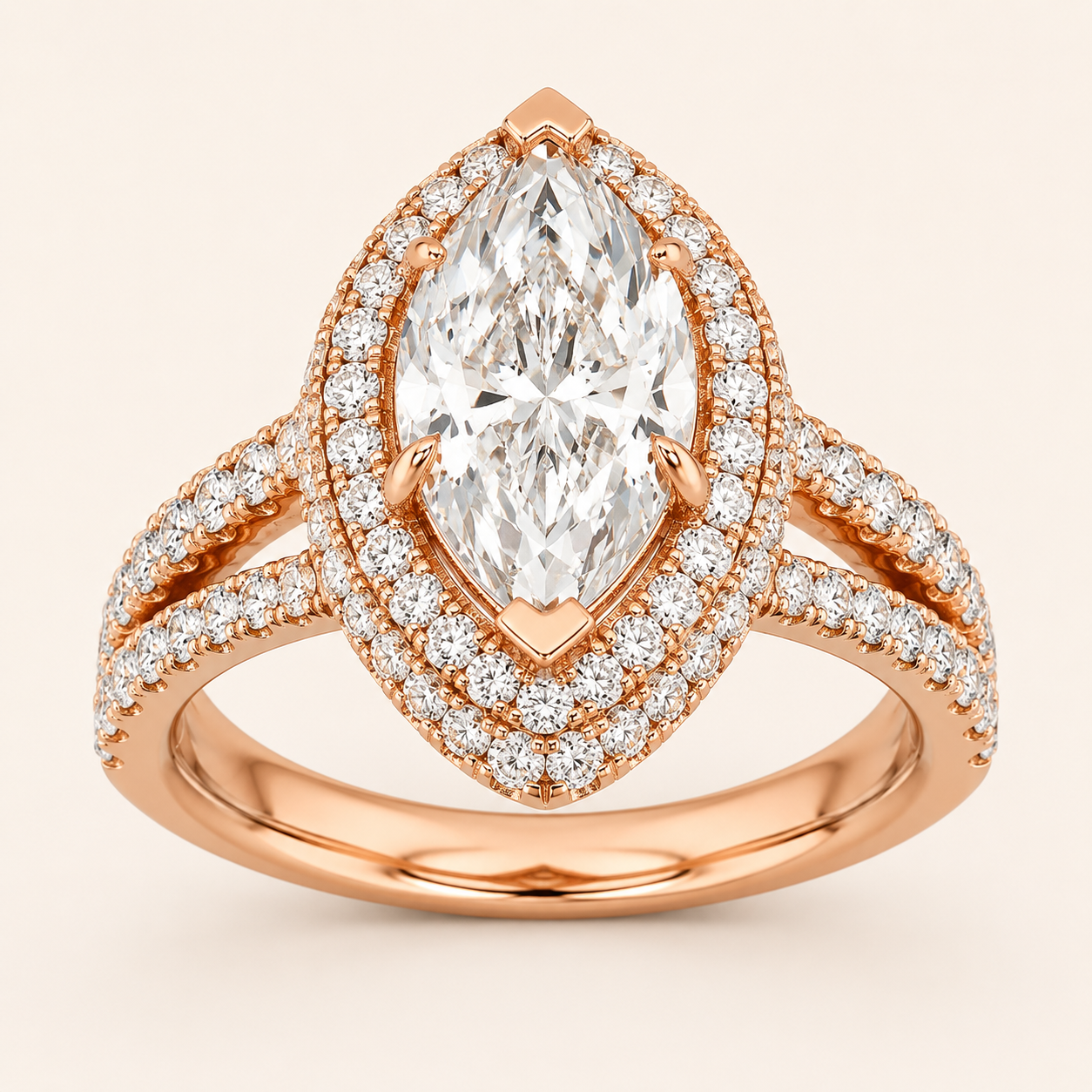 3.00 CT Marquise Cut Lab Grown Diamond Three Row Accented Halo Engagement Ring