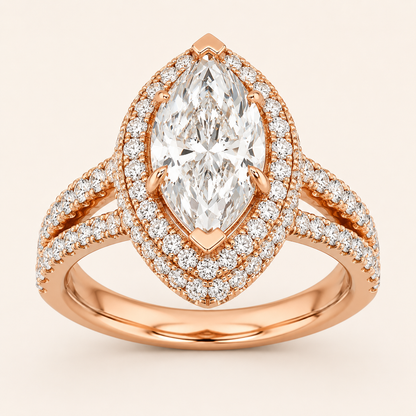 3.00 CT Marquise Cut Lab Grown Diamond Three Row Accented Halo Engagement Ring