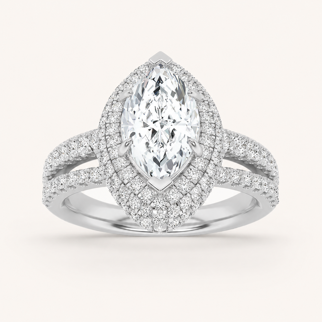 3.00 CT Marquise Cut Lab Grown Diamond Three Row Accented Halo Engagement Ring