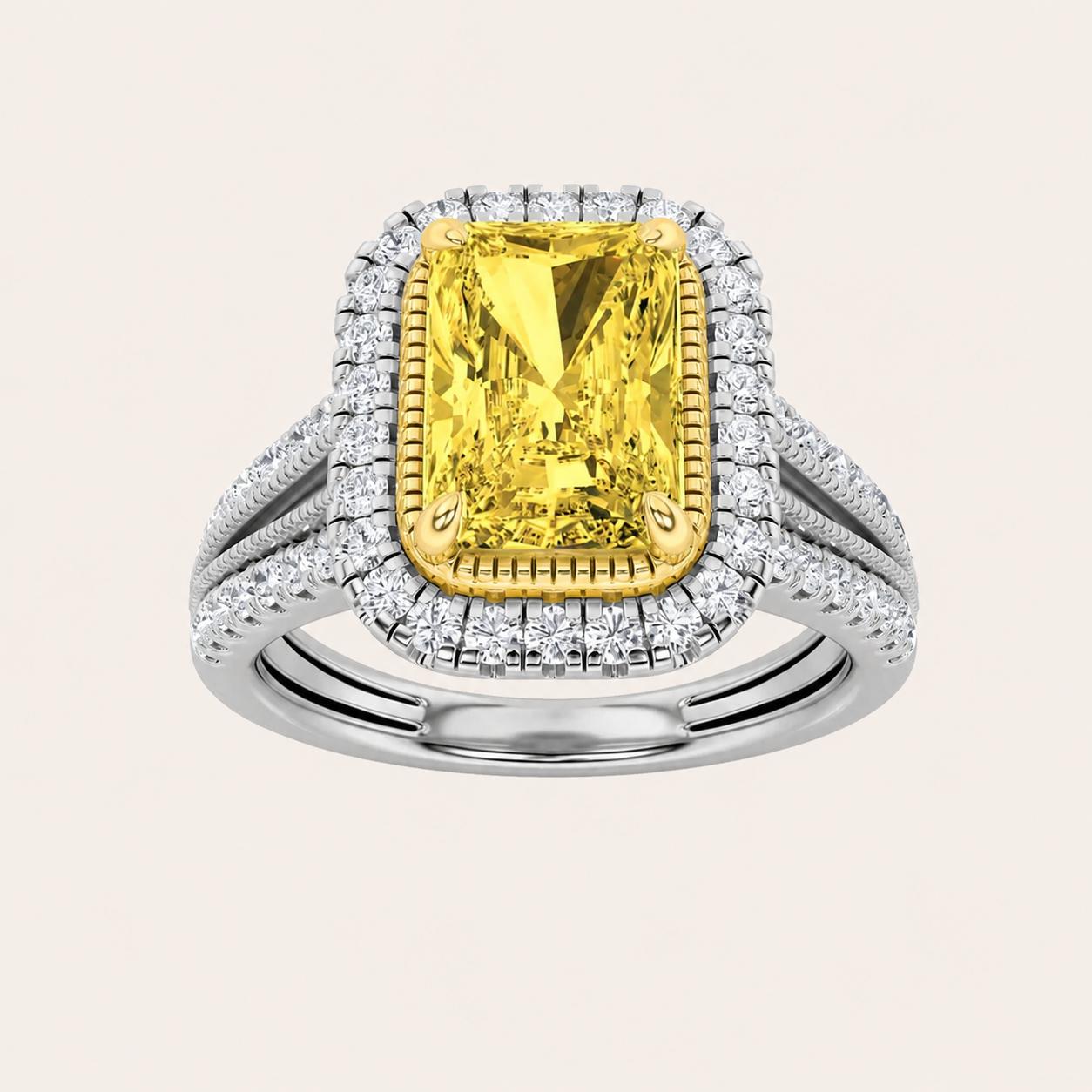 2.5CT Radiant Cut Fancy Yellow Lab Grown Diamond Split Shank Halo Engagement Ring