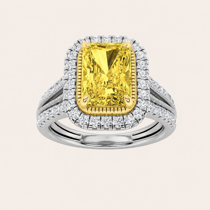 2.5CT Radiant Cut Fancy Yellow Lab Grown Diamond Split Shank Halo Engagement Ring