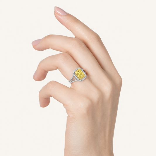2.5CT Radiant Cut Fancy Yellow Lab Grown Diamond Split Shank Halo Engagement Ring