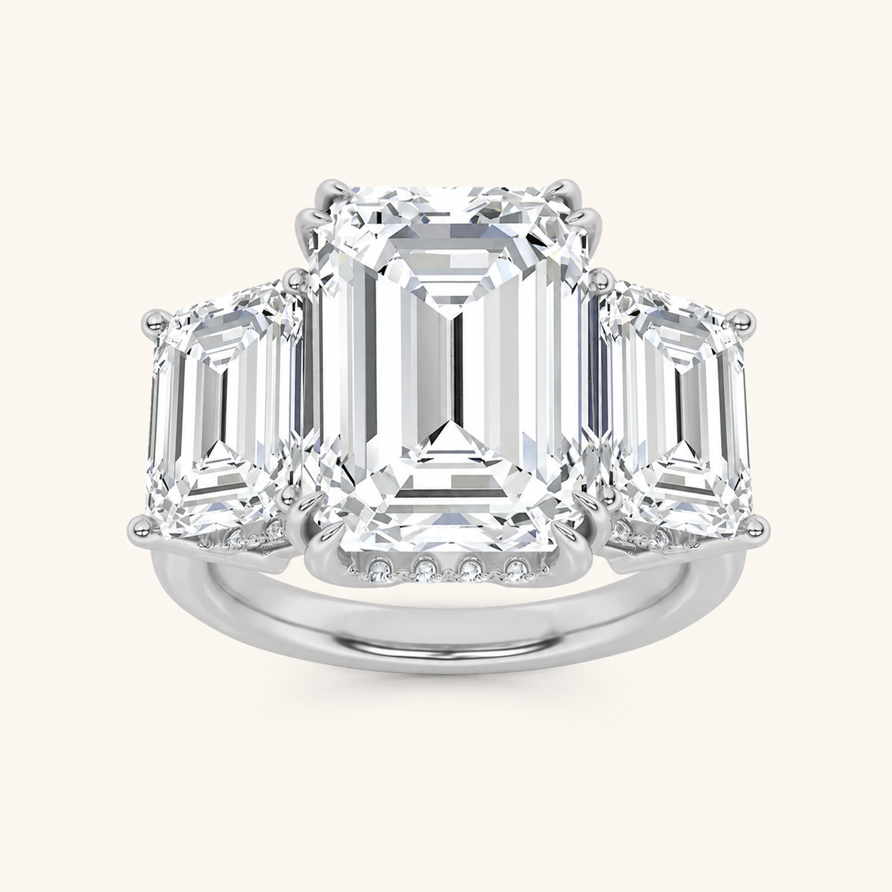8.25CT Emerald Cut Lab Grown Diamond Bold Three Stone Accented Ring