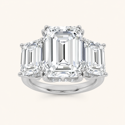 8.25CT Emerald Cut Lab Grown Diamond Bold Three Stone Accented Ring