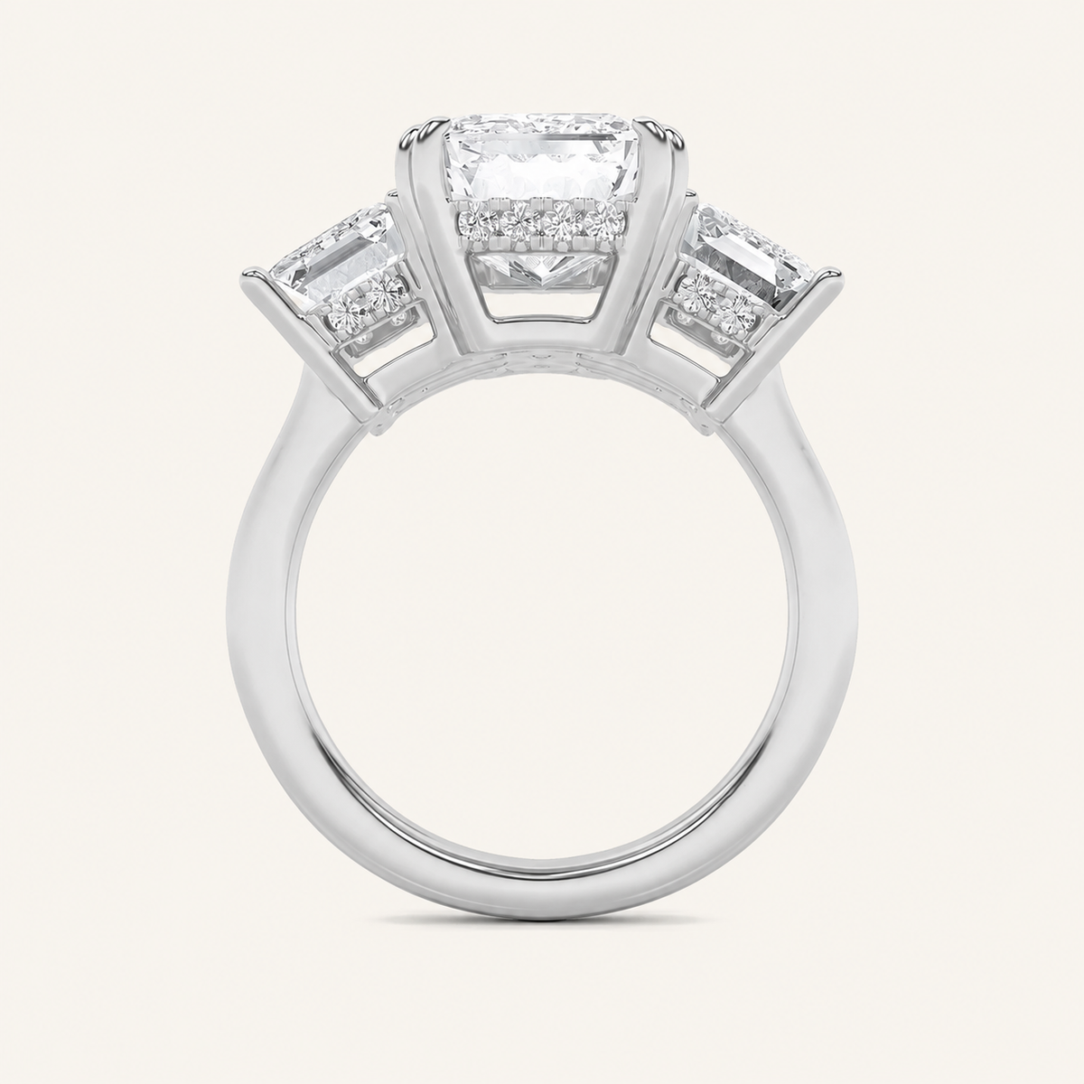 8.25CT Emerald Cut Lab Grown Diamond Bold Three Stone Accented Ring