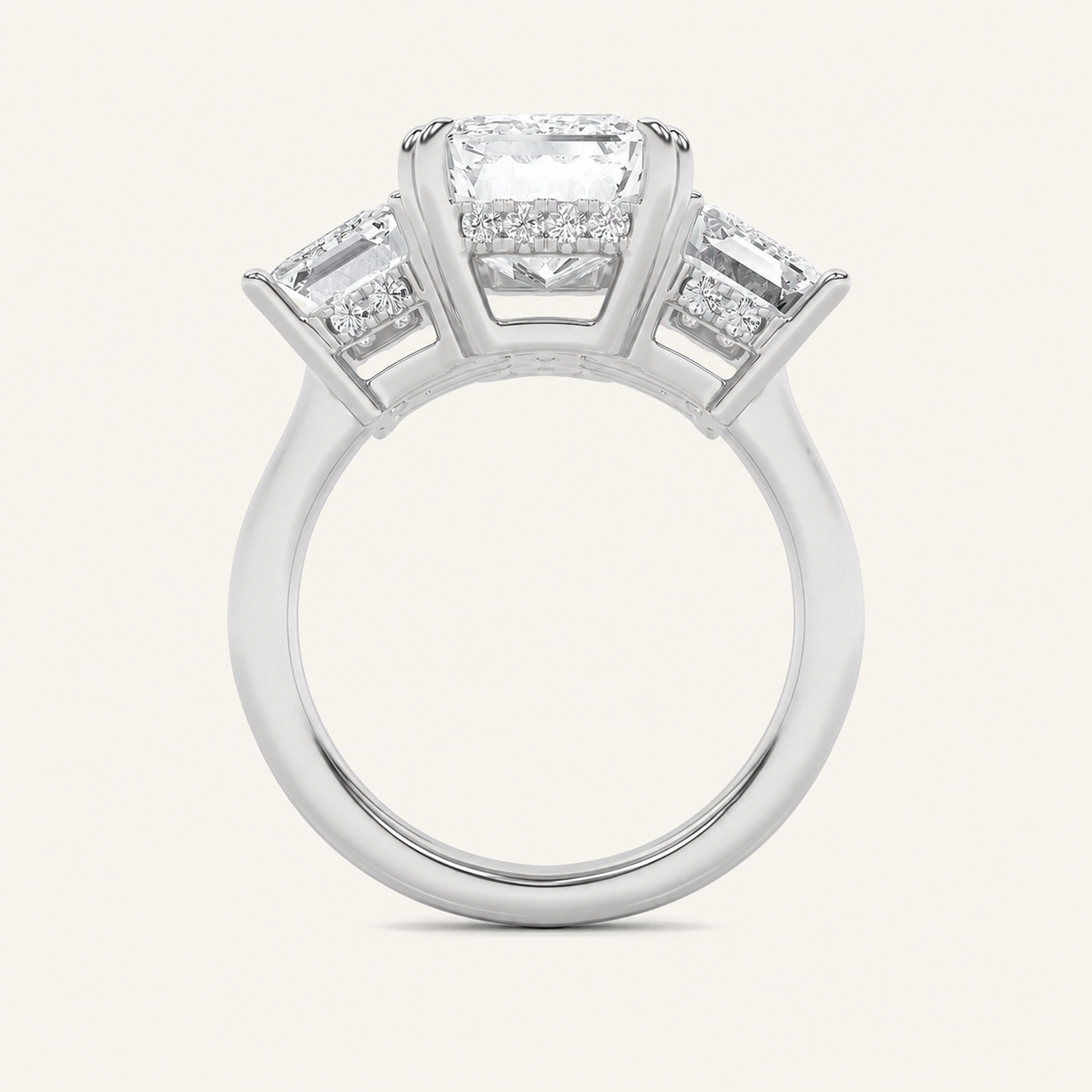 8.25CT Emerald Cut Lab Grown Diamond Bold Three Stone Accented Ring