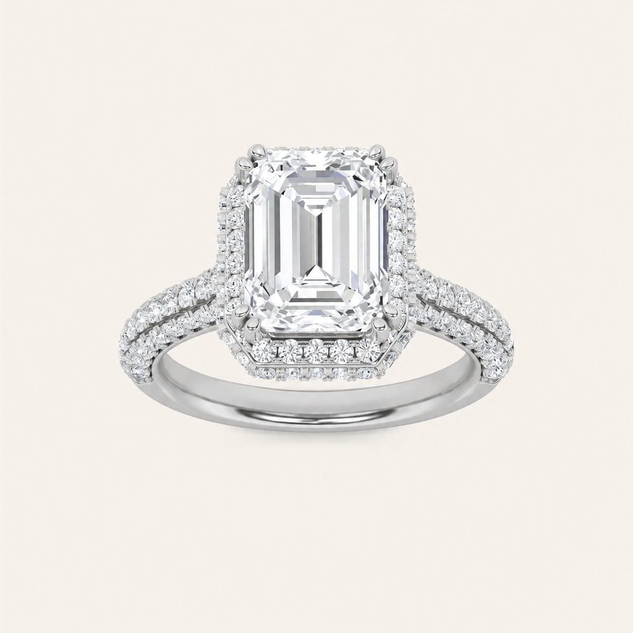 3CT Emerald Cut Lab Grown Diamond Halo Accented Engagement Ring