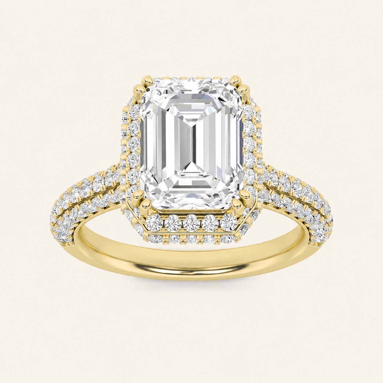 3CT Emerald Cut Lab Grown Diamond Halo Accented Engagement Ring
