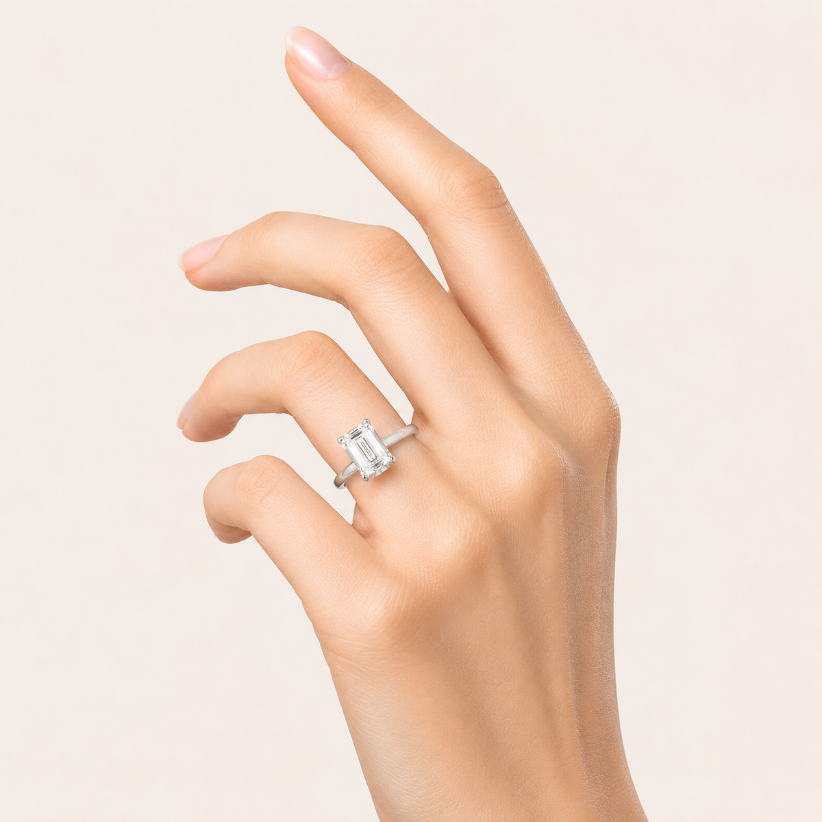 1CT Emerald Cut Lab Grown Diamond Hidden Halo Plain Shank Engagement Ring