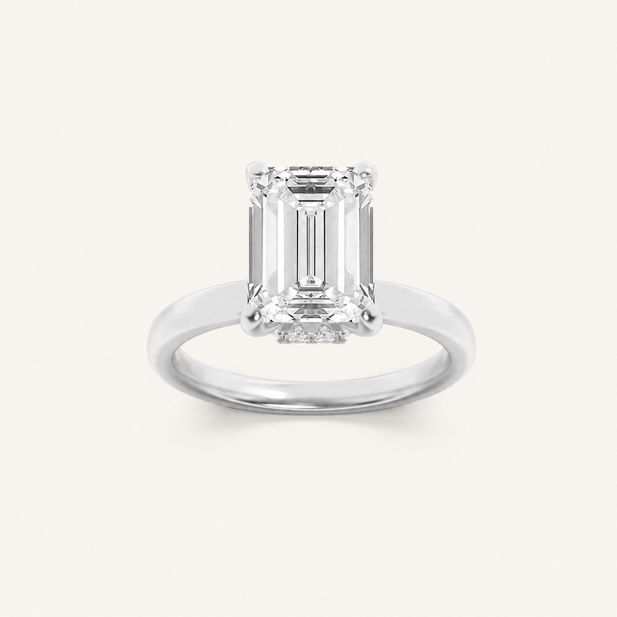 1CT Emerald Cut Lab Grown Diamond Hidden Halo Plain Shank Engagement Ring