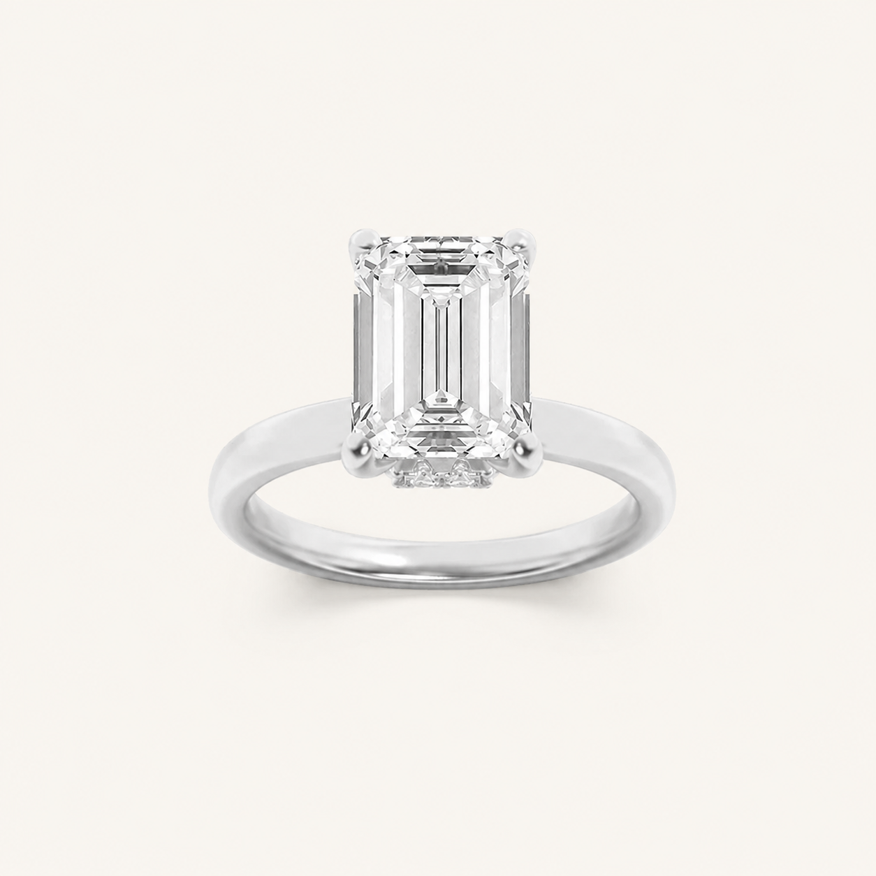 1CT Emerald Cut Lab Grown Diamond Hidden Halo Plain Shank Engagement Ring