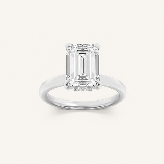 1CT Emerald Cut Lab Grown Diamond Hidden Halo Plain Shank Engagement Ring