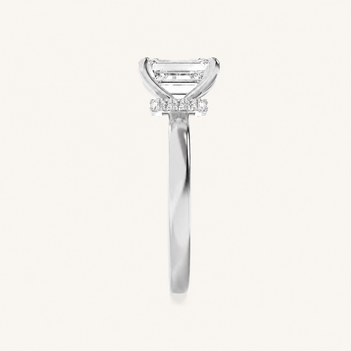 1CT Emerald Cut Lab Grown Diamond Hidden Halo Plain Shank Engagement Ring